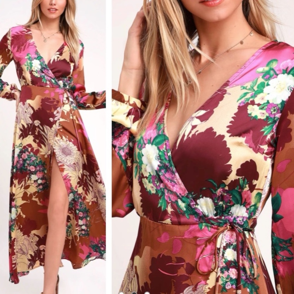 Lulu's Floral Wrap Maxi Dress in Burgundy, Pink, Green, Cream